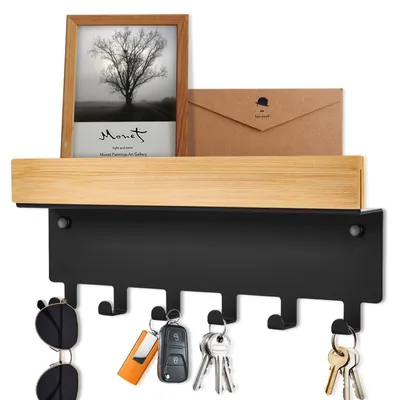 Produktbild von Schlüsselbrett aus Holz mit Ablage – Wandmontierter Schlüsselhalter, schwarz, modernes Schlüsselbrett mit 6 Haken für Flur, Küche, Eingangsbereich.