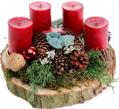 Produktbild von Adventsgesteck Tischgesteck Ø 27 cm H ca. 12 cm Birkenscheibe inkl. 4 Trend Kerzen rot