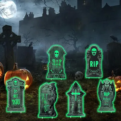 Produktbild von Gruselige Halloween-Grafsteindekoration für draußen - Friedhofsdekoration mit Grabsteinfiguren.
