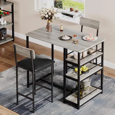 Image de Ensemble de table à manger pour 2 personnes, ensemble comprenant 1 table à manger et 2 chaises 3 grands espaces de rangement Ensemble de table de balcon Ensemble de table haute pour petits espaces gris