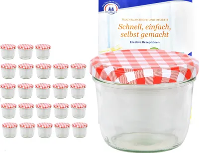 A set of small glass jars with red and white checkered lids, alongside a product box with text.