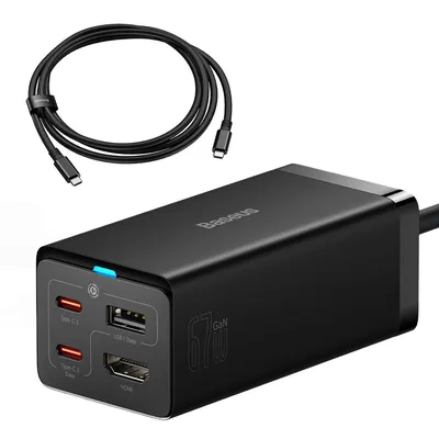 Zdjęcie produktu dla Ładowarka sieciowa GaN5 Baseus CCGP110201 HUB HDMI 2x USB-C / USB-A / HDMI 4K 30Hz 1,5m - czarna + kabel USB-C - USB-C 100W 1m