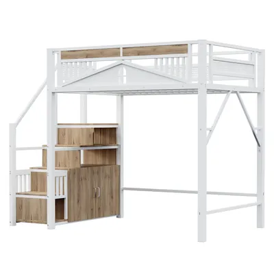 Produktbild von Merax Hochbett 140x200 cm mit Treppenstauraum und Schrank, Etagenbett Tragkraft 120 kg, Modernes Loftbett für Jugendliche & Erwachsene, Weiß