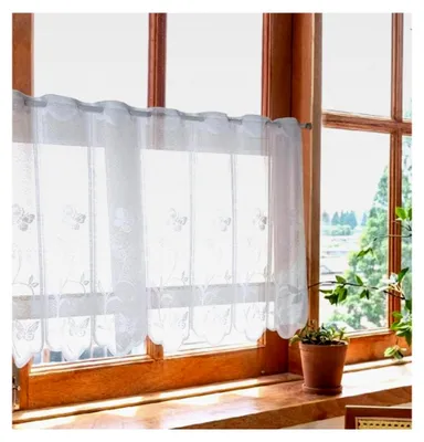 Produktbild von Transparente Scheibengardinen aus Jacquard mit Blumenmuster, Landhausstil, weiße Bistrogardine mit Ösen, kurze Küchengardinen mit gebogter Kante, BxH 150x90cm, 1 Stück