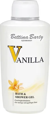 A white bottle of Bettina Barty Vanilla Bath & Shower Gel.