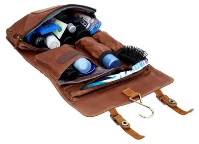 Produktbild von Gusti Kulturbeutel Herren Leder Rodney – Kulturtasche aus hochwertigem Webstoff & Büffelleder mit Haken zum Aufhängen – Robuste Kosmetiktasche Leder