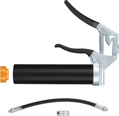 A product shot of a grease gun and its accessories against a white background.