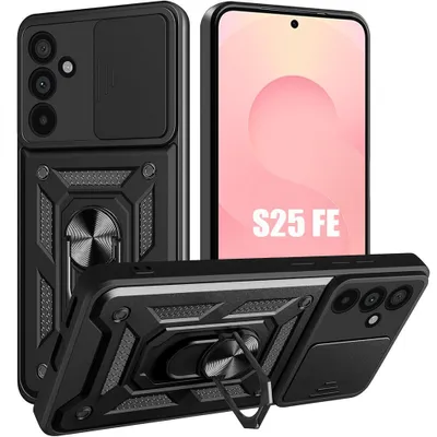 Image de Coque pour Samsung Galaxy S25 FE, Protection Ultra Résistante avec Anneau et Cache Caméra Coulissant - Noir