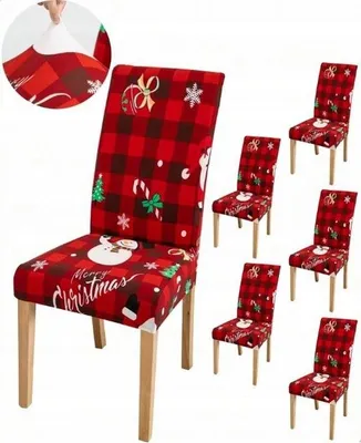 A set of Christmas-themed chair covers displayed on chairs.