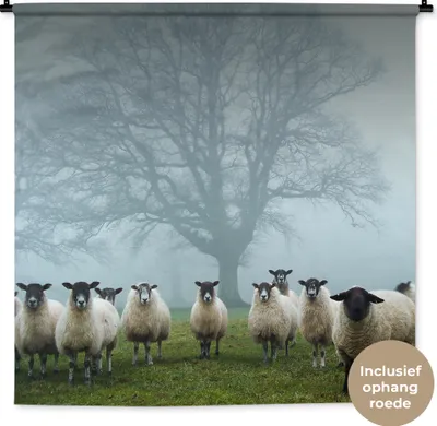 Produktbild von MuchoWow® Wandteppich Wandbehang Schaf - Baum - Nebel 120x120 cm Tapisserie Dekoration Wandtuch - Modern - Baumwollgewebe