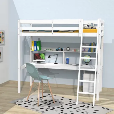 Produktbild von Hochbett STUDIO mit Schreibtisch Regal/ Hochbett 90x190 - Weiß
