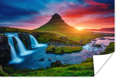 Produktbild von MuchoWow® Poster Wasserfall - Berg - Moos - Sonnenuntergang - Natur 90x60 cm - Schlafzimmer