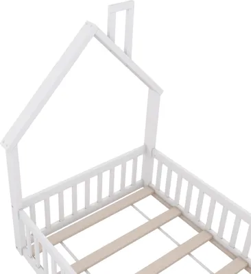 Produktbild von STILVORA Kinderbett 90×200 ohne Matratze Hausbett Bodenbett in Schornsteinform Jugendbett aus Massivholz mit Lattenrost,weiß