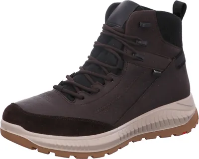 A brown leather hiking boot with a tan sole and black laces, shown against a white background.