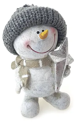 Schneemannfigur aus Keramik, 11,5 cm, weiß/grau, mit Filzmütze