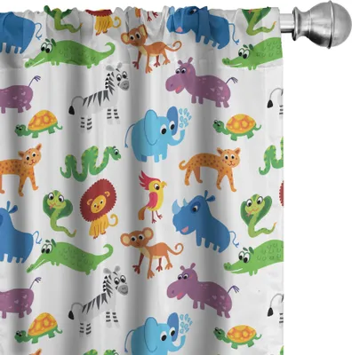 Produktbild von ABAKUHAUS Tier Vorhänge, Gardinen, Repetitive Zoo Themed Muster mit Childish Fauna Cartoon auf Plain Hintergrund Drucken, 2 Stück 75 x 175 cm, Mehrfarbig