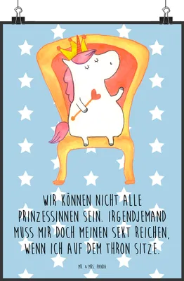 Produktbild von Mr. & Mrs. Panda Bild Einhorn Prinzessin DIN A2 - Blau Pastell - Geschenk, Unicorn, drucke, Monat, Wanddeko, Plakat, Geburtstag, Geburtstagsgeschenk, Wandbild