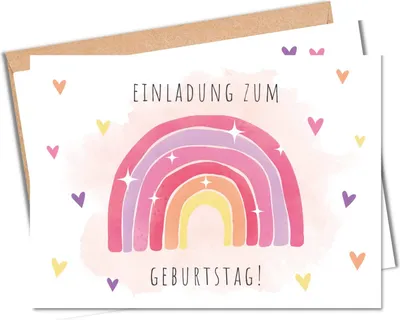 Produktbild von MeinBaby123® 10 Einladungskarten Kindergeburtstag inkl. Umschläge | Regenbogen rosa