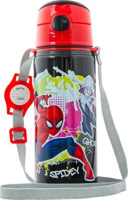 Produktbild von Kinder Trinkflasche Spiderman 600ml Schwarz Tragegurt Alu Marvel Held