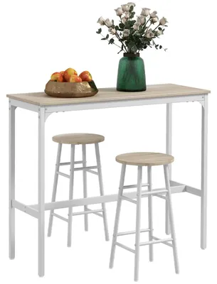 Image de Ensemble de table haute - Table haute avec 2 tabourets - Structure en bois - Bar pour cuisine / Table de petit-déjeuner - À assembler soi-même - Nature / Blanc