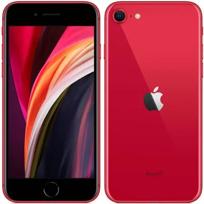 A red iPhone SE (2020) is shown from the front and back.