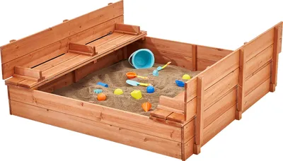 Image de SucceBuy Bac à sable en bois, 52,4 x 47,2 x 16,9 pouces Bac à sable avec bancs pliables et revêtement de sol, bac à sable pour enfants en bois naturel pour l'extérieur, la cour, la plage, le parc