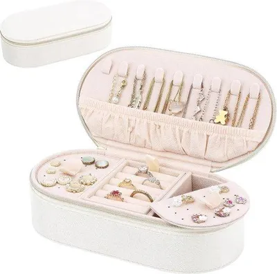 Productafbeelding van Famanu Sieradenopberger - Fluweel opbergdoos voor meisjes en vrouwen - Voor ringen, oorbellen, kettingen, armbanden - Beige