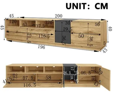 Produktbild von TV Schrank 200 cm Kontrastfarbe Lowboard offene Faecher Kabelmanagement Wohnzimmer