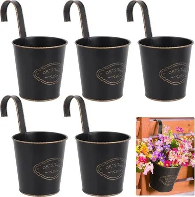 Produktbild von Metallische Eisen-Blumenkästen, hangende Pflanzgefäße für draußen mit abnehmbaren Haken für Balkon, Zaun, Garten, Wohnaccessoires (vintage, 5 Stücke)