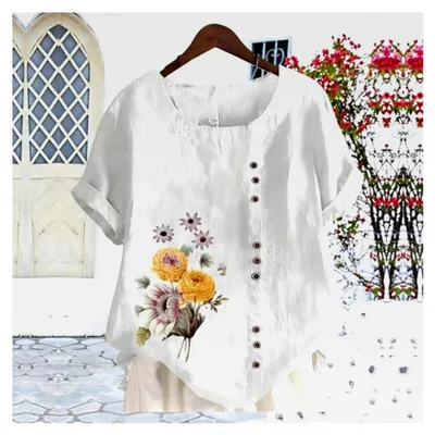 Produktbild von Leinenbluse für Damen im Sommer, Kurzarm, Übergröße, Hemdbluse, Oberteile, Leinenoberteile, T-Shirt, Tunika, Blumenmuster, lässig, lose T-Shirts, Pullover, Tops