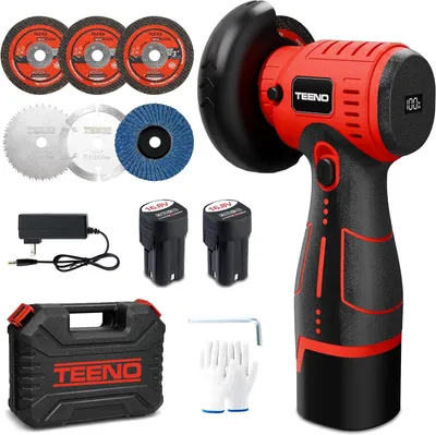 Zdjęcie produktu dla TEENO Mini szlifierka kątowa akumulatorowa 16,8 V, 19 500 obr./min, mini flex 76 mm bezszczotkowa, z 2 akumulatorami po 2000 mAh, ładowarką, 6 tarczami tnącymi i walizką