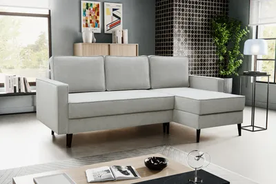 Zdjęcie produktu dla BESILIO Narożnik rozkładany trzyosobowy 227 cm Kebbo - Narożnik z funkcją spania i pojemnikiem na pościel, Tkanina miękka-jasnoszary & Curio 80, Prawy