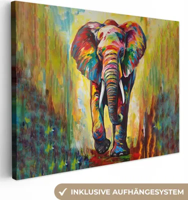 Produktbild von MuchoWow® - Leinwandbilder - Elefant - Kunst - Malerei - Tiere - Regenbogen, Wandbild, Wanddeko Bilder Wohnzimmer, 40x30 cm