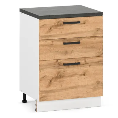 Produktbild von ULWEHOME 60 cm breiter freistehender Unterschrank für die Küche, 3 Schubladen, Eiche Wotan | Küchenmöbel der Serie EKO
