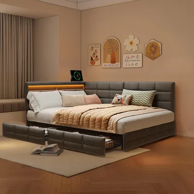 Obrázok produktu pre Detská posteľ UnboxG 140 x 190 cm s USB a konektorom Type-C, detská posteľ/denná posteľ so zásuvkou a úložným priestorom, posteľ s úložným priestorom a LED osvetlením, denná posteľ, klasická posteľ, sivá