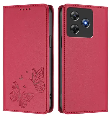 Image de Étui en cuir pour Blackview Wave 8 / Wave 8C, motif papillon, étui à rabat avec porte-appareil, rouge