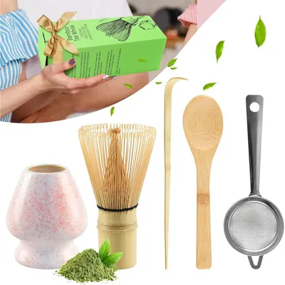 Produktbild von 5-teiliges Matcha Set Rosa mit Besen, Sieb und Löffeln aus Bambus