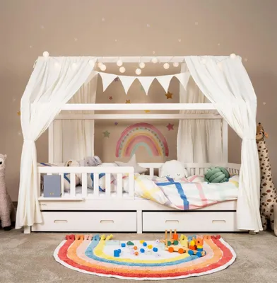 Immagine prodotto di set Decorativo Letto a Forma di Casa - 2 Baldacchini + Ghirlanda - Cotone GOTS - Bianco Alavya Home
