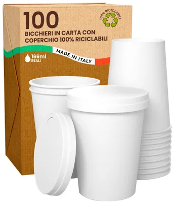 100 Papierbecher 166 ml weiß mit Deckel, biologisch abbaubar