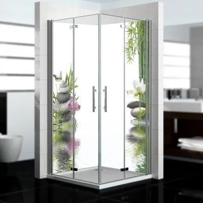 Produktbild von dedeco Eck-Duschrückwände Aluminium wasserfest Motiv: Zen V3, 2 x 90x200x0,3cm, Badrückwand, Fliesenersatz fugenlos Wandverkleidung Wandpaneele,  Germany