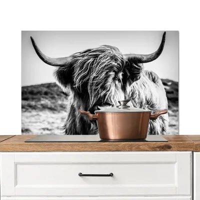 Produktbild von KitchenYeah®  Spritzschutz Küche - Küchenrückwand - Wandschutz für Herd und Spüle - Schottisches Hochlandrind - Natur - Kuh - Schwarz - Weiß 80x55 - Alu-Dibond (Alternative zum Spritzschutz aus Glas)