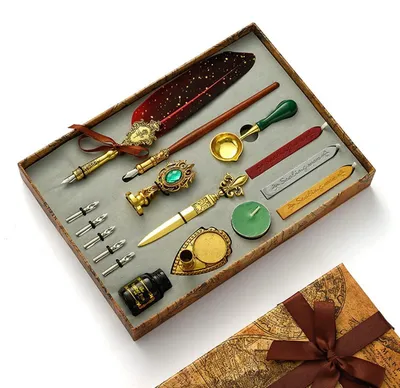 Produktbild von Kalligrafie Set mit Federkiel, Tinte und Wachssiegel - Vintage Schreibfeder mit 5 Ersatzspitzen, Geschenkbox Rot