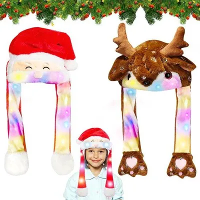 Produktbild von Weihnachtsmütze, Plüsch-Weihnachtsmütze, Weihnachtshut, Weihnachtsmannmütze, LED-Mütze mit beweglichen Ohren, Weihnachtshut für Weihnachten, Feiern, Geburtstage