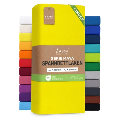 Zdjęcie produktu dla Lavea® Elastyczne prześcieradła dla dzieci, 60x130 cm - 70x140 cm, wzór Maya, 100% bawełna – Miękkie, oddychające prześcieradła do materacy o grubości do 12 cm - kolor żółty