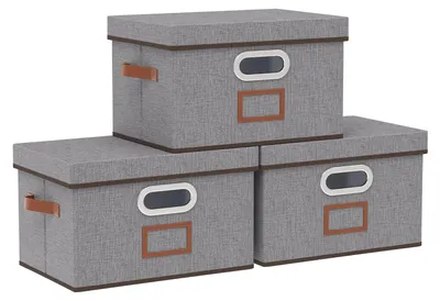 Produktbild von Aufbewahrungsbox mit Deckel und Griff, faltbare Aufbewahrungsbox aus Stoff, Aufbewahrungskörbe mit Etikettenfach, 32 x 23 x 20 cm, grau