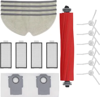 A collection of cleaning accessories for a robot vacuum cleaner, including a roller brush, filters, mop pads, and side brushes.