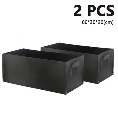 Two black fabric grow bags are shown on a white background. Text indicating '2 PCS' and dimensions is displayed.