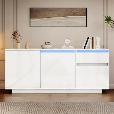 Produktbild von Sideboard mit LED und Verstellbaren Einlegeböden Aufbewahrungsschrank Wohnzimmerschrank 140*40*60cm Weiß