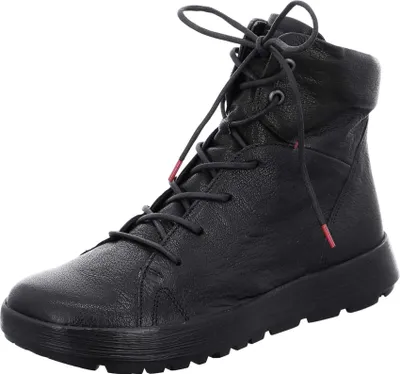 A black leather boot with laces against a white background.