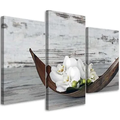 Zdjęcie produktu dla Obraz tryptyk na płótnie, Białe kwiaty orchidei 60x40 cm Feeby szary obraz na ścianę gotowy do powieszenia
